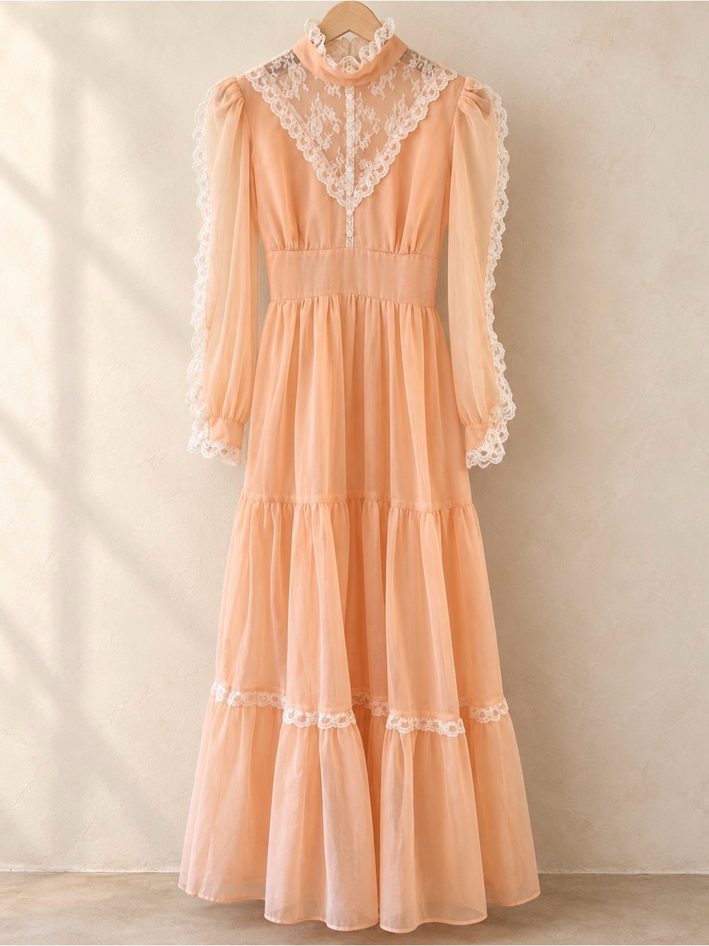 Gunne Sax Peach Maxi Dress with White Lace Trim
